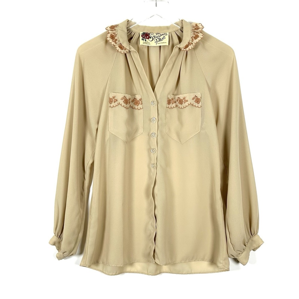 Vtg Dorothy‎ Schoelen The Strawberry Plant 70s Blouse Embroidered Scallop Trim